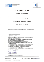 Zertifikat der IHK Ostbrandenburg für Guido Schrauwers über den IHK-Lehrgang 'Fachkraft Detektiv'.