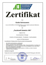 Zertifikat für Guido Schrauwers, über die erfolgreiche Teilnahme an dem Lehrgang 'Fachkraft Detektiv IHK' und erfolgreiche Prüfungen in den Bereichen Industrie und Gewerbedetektiv, Privatdetektiv, Kaufhausdetektiv
