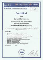 Abschlusszeugnis vom Bildungsinstitut Brückner für Bernard Schrauwers für eine verufliche Weiterildung zur Sicherheitsfachkraft (Detektiv)
